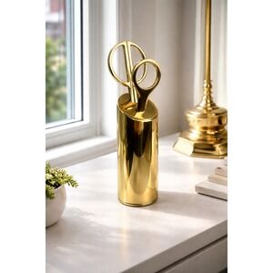 Vintage Modernist Solid Brass Gold Tone Scissors / Letter Opener Desk Set with H